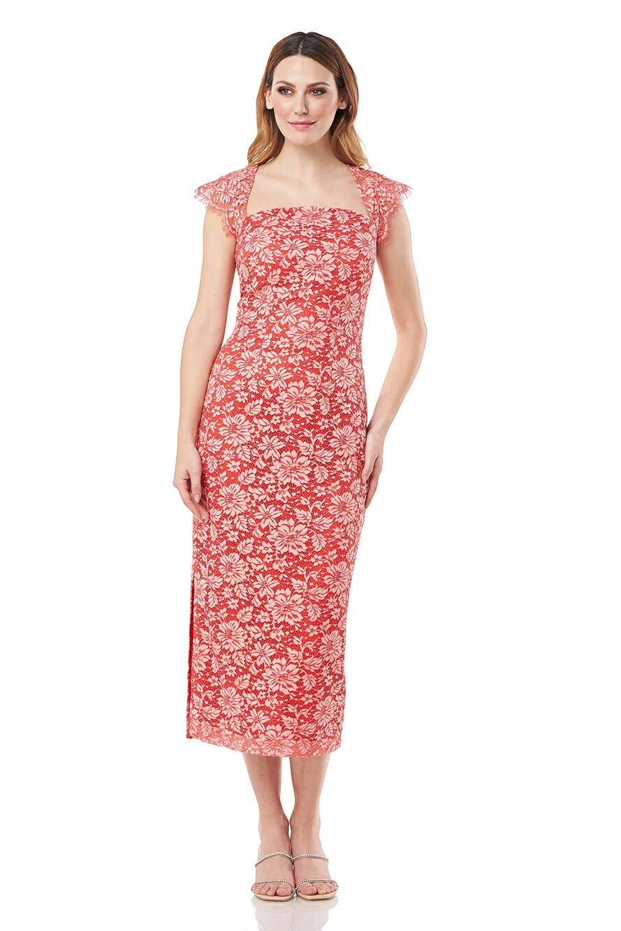 JS Collections Joyce Scalloped Tea Length Dress Women's 8 Poppy Red Floral Lace